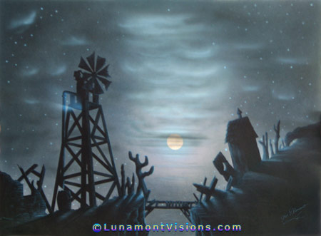 Watercolor Airbrush Painting of Windmill at Midnight
